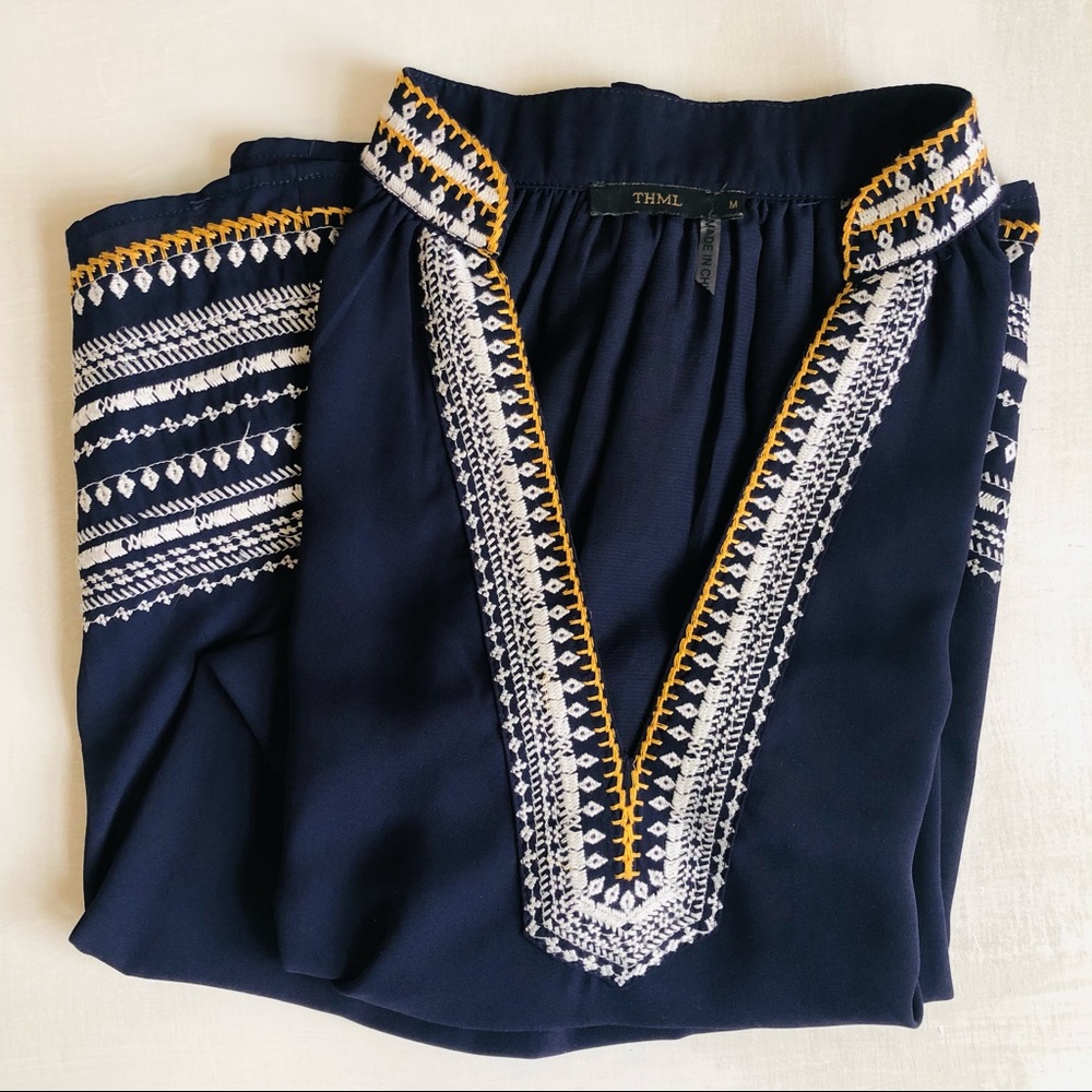 [THML] Embroidered Deep V Racerback Shift Dress